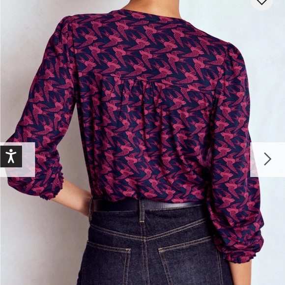 Boden Elsa Smocked Yoke Jersey Shirt French Navy, Swooping Swallow - Picture 2 of 9